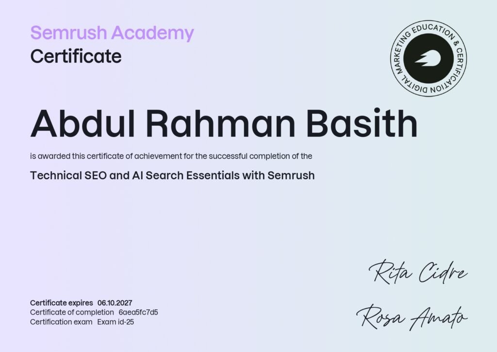 certificate from semrush academy for technical seo and ai search essentials