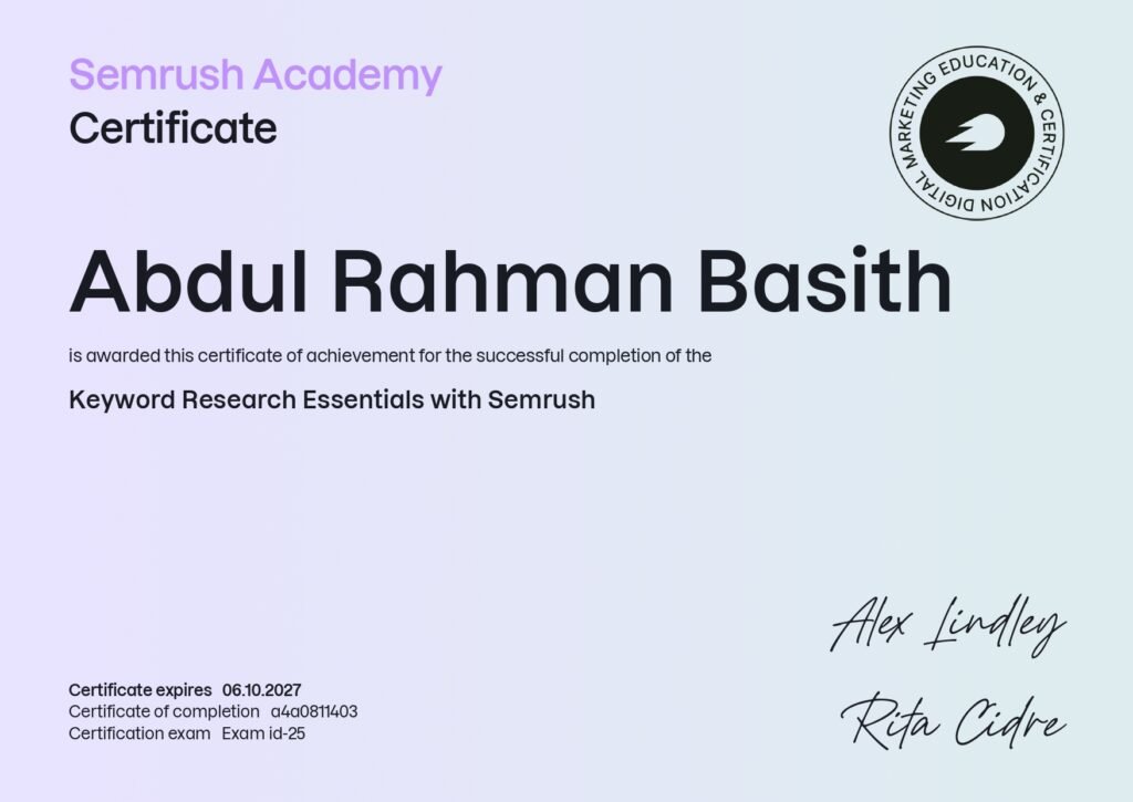 certificate from semrush academy for keyword research essentials